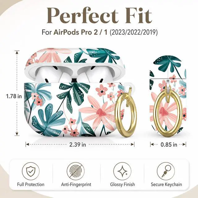 Alt view image 2 of 7 - Compatible with AirPod Pro 2nd/1st Generation Case Cover with Key Chain,Full Protective Shockproof Wireless Headphone Case for Airpod Pro 2023/2022/2019(Floral Tropical Leaves Pink Blossoms)