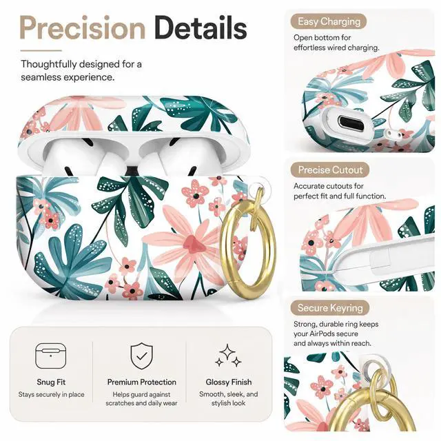 Alt view image 3 of 7 - Compatible with AirPod Pro 2nd/1st Generation Case Cover with Key Chain,Full Protective Shockproof Wireless Headphone Case for Airpod Pro 2023/2022/2019(Floral Tropical Leaves Pink Blossoms)