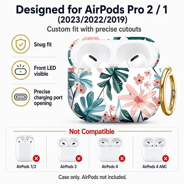 Alt view image 5 of 7 - Compatible with AirPod Pro 2nd/1st Generation Case Cover with Key Chain,Full Protective Shockproof Wireless Headphone Case for Airpod Pro 2023/2022/2019(Floral Tropical Leaves Pink Blossoms)