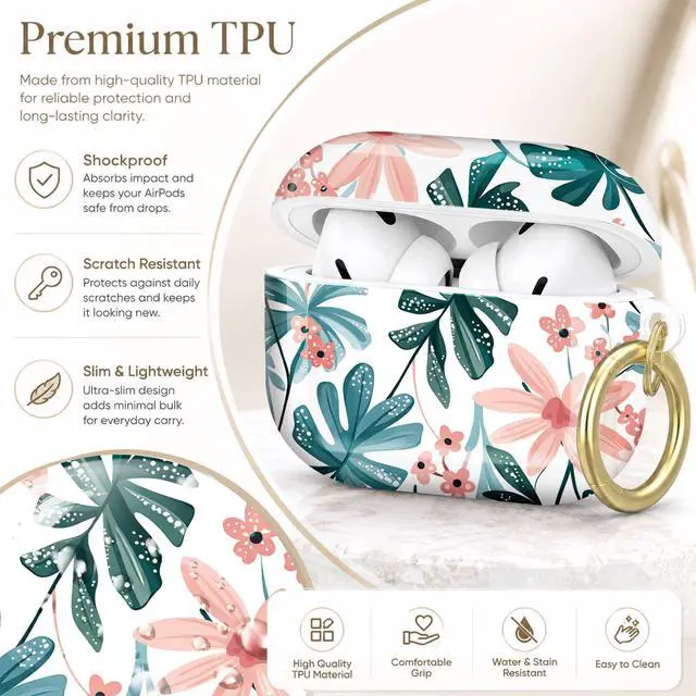 Alt view image 4 of 7 - Compatible with AirPod Pro 2nd/1st Generation Case Cover with Key Chain,Full Protective Shockproof Wireless Headphone Case for Airpod Pro 2023/2022/2019(Floral Tropical Leaves Pink Blossoms)
