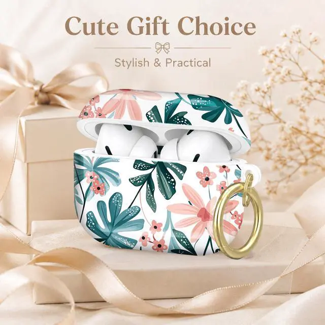 Alt view image 7 of 7 - Compatible with AirPod Pro 2nd/1st Generation Case Cover with Key Chain,Full Protective Shockproof Wireless Headphone Case for Airpod Pro 2023/2022/2019(Floral Tropical Leaves Pink Blossoms)