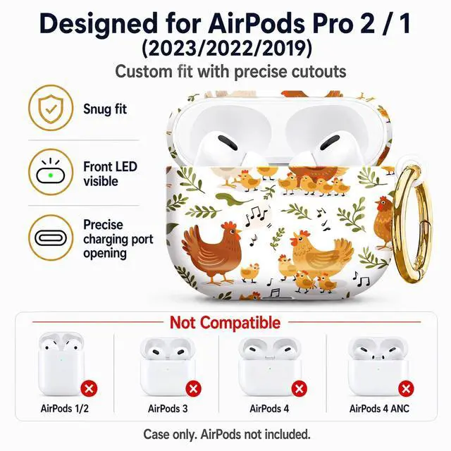 Alt view image 5 of 7 - Compatible with AirPod Pro 2nd/1st Generation Case Cover with Key Chain,Full Protective Shockproof Wireless Headphone Case for Airpod Pro 2023/2022/2019(Chickens Chicks Leaves Music Notes)
