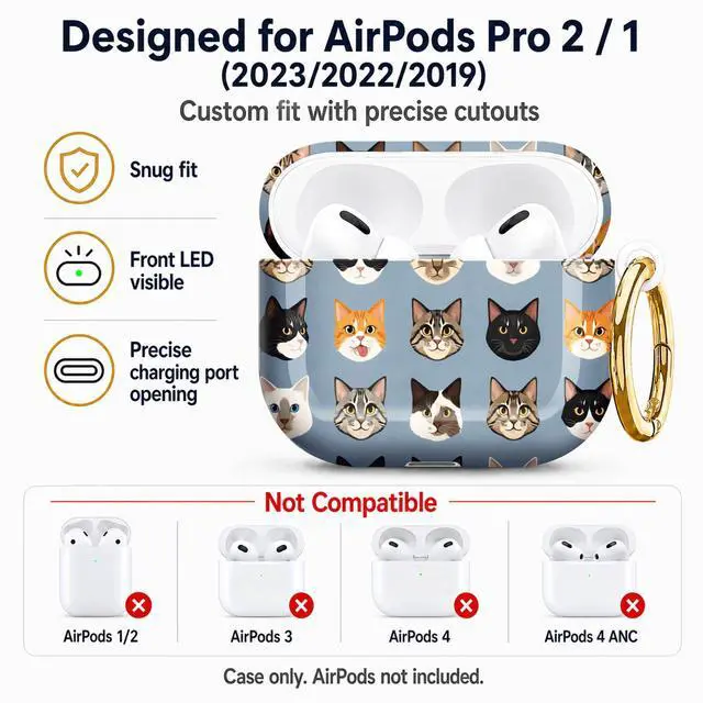 Alt view image 5 of 7 - Compatible with AirPod Pro 2nd/1st Generation Case Cover with Key Chain,Full Protective Shockproof Wireless Headphone Case for Airpod Pro 2023/2022/2019(Cat Faces)