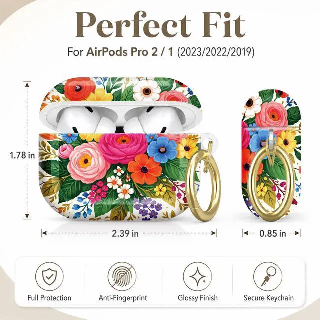 Alt view image 2 of 7 - Compatible with AirPod Pro 2nd/1st Generation Case Cover with Key Chain,Full Protective Shockproof Wireless Headphone Case for Airpod Pro 2023/2022/2019(Colorful Floral with Vibrant Blooms)