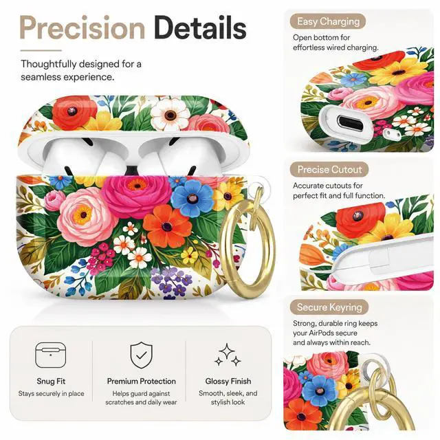 Alt view image 3 of 7 - Compatible with AirPod Pro 2nd/1st Generation Case Cover with Key Chain,Full Protective Shockproof Wireless Headphone Case for Airpod Pro 2023/2022/2019(Colorful Floral with Vibrant Blooms)