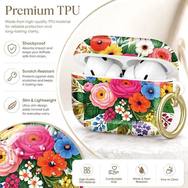 Alt view image 4 of 7 - Compatible with AirPod Pro 2nd/1st Generation Case Cover with Key Chain,Full Protective Shockproof Wireless Headphone Case for Airpod Pro 2023/2022/2019(Colorful Floral with Vibrant Blooms)