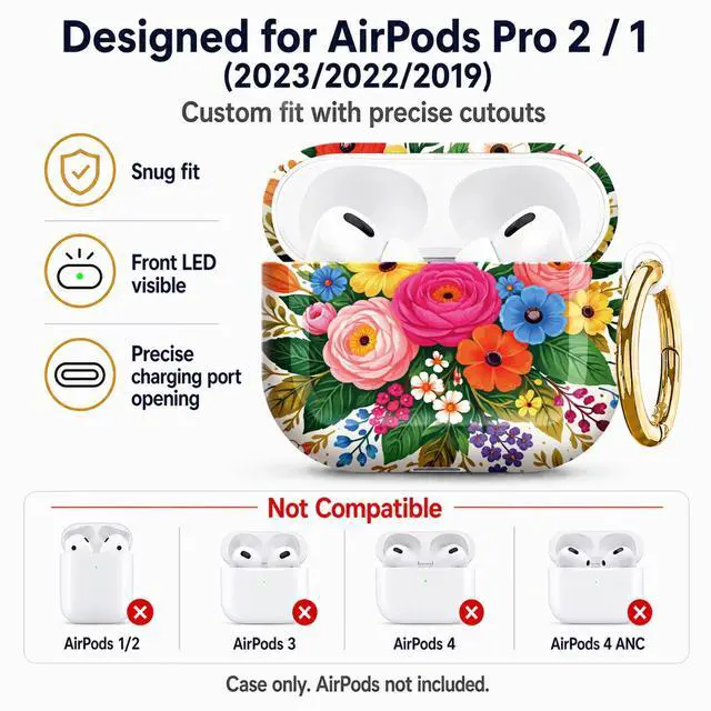 Alt view image 5 of 7 - Compatible with AirPod Pro 2nd/1st Generation Case Cover with Key Chain,Full Protective Shockproof Wireless Headphone Case for Airpod Pro 2023/2022/2019(Colorful Floral with Vibrant Blooms)