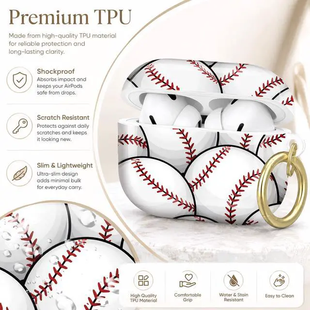 Alt view image 4 of 7 - Compatible with AirPod Pro 2nd/1st Generation Case Cover with Key Chain,Full Protective Shockproof Wireless Headphone Case for Airpod Pro 2023/2022/2019(Baseball Seamless)