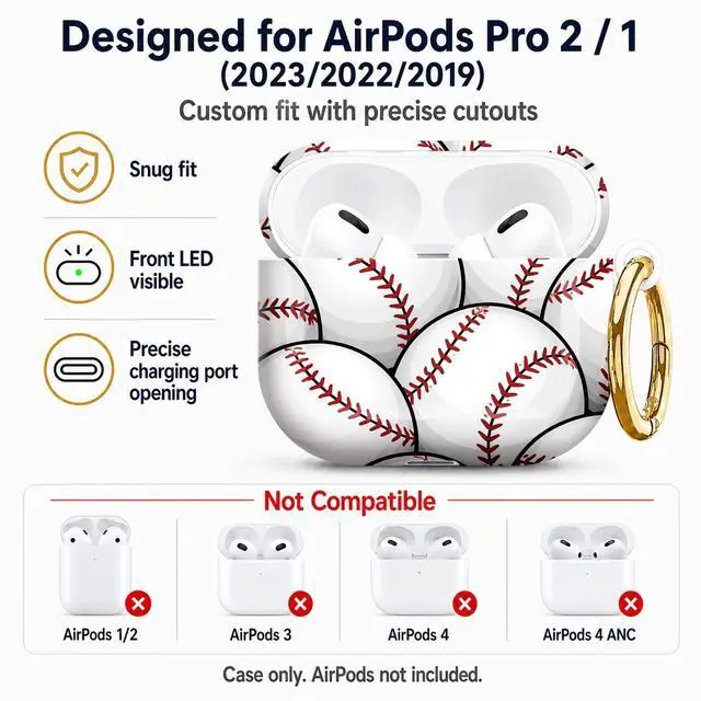 Alt view image 5 of 7 - Compatible with AirPod Pro 2nd/1st Generation Case Cover with Key Chain,Full Protective Shockproof Wireless Headphone Case for Airpod Pro 2023/2022/2019(Baseball Seamless)
