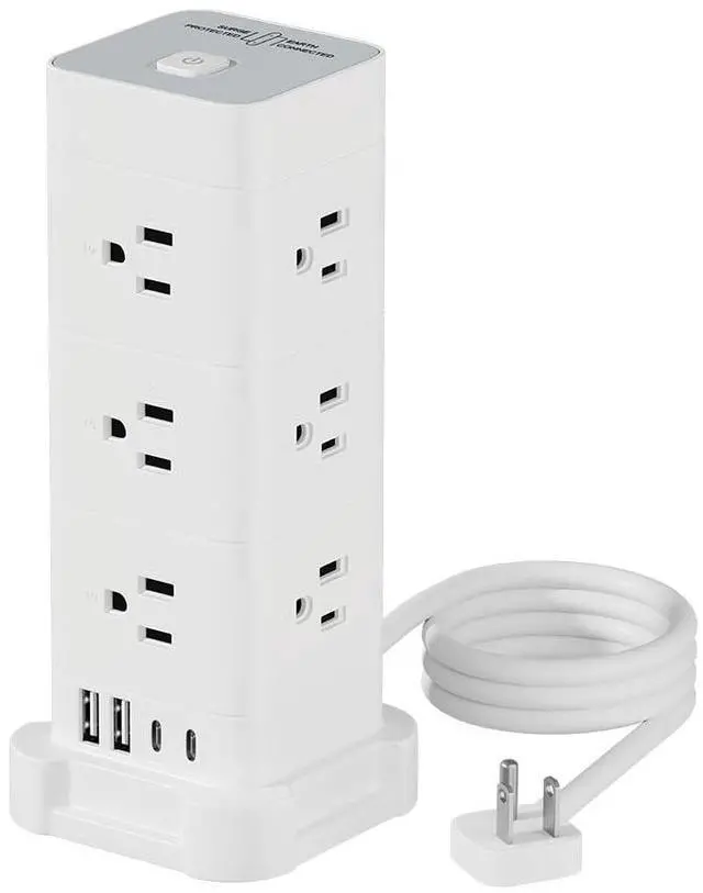 Main image of Flat Plug Tower Power Strip with Surge Protection (12 AC, 4 USB, 10ft) | Fast Charging, 1875W Overload Protection, for Home Office Dorm Room