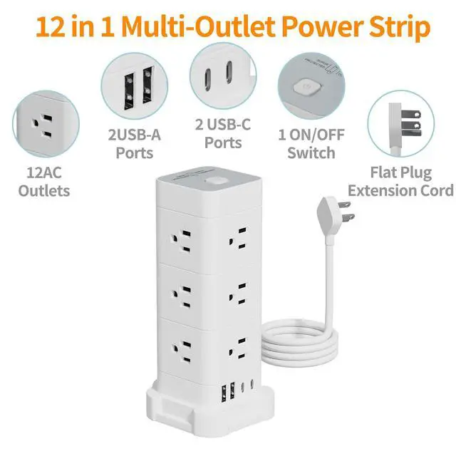 Alt view image 2 of 7 - Flat Plug Tower Power Strip with Surge Protection (12 AC, 4 USB, 10ft) | Fast Charging, 1875W Overload Protection, for Home Office Dorm Room