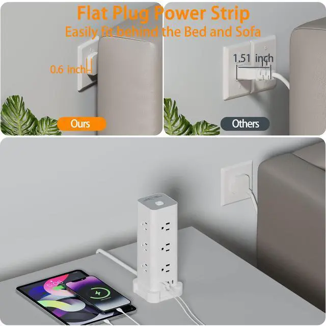 Alt view image 5 of 7 - Flat Plug Tower Power Strip with Surge Protection (12 AC, 4 USB, 10ft) | Fast Charging, 1875W Overload Protection, for Home Office Dorm Room