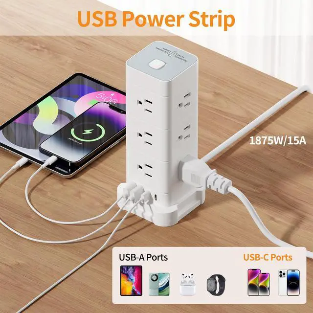 Alt view image 3 of 7 - Flat Plug Tower Power Strip with Surge Protection (12 AC, 4 USB, 10ft) | Fast Charging, 1875W Overload Protection, for Home Office Dorm Room