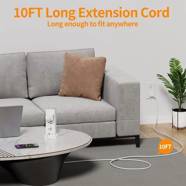 Alt view image 7 of 7 - Flat Plug Tower Power Strip with Surge Protection (12 AC, 4 USB, 10ft) | Fast Charging, 1875W Overload Protection, for Home Office Dorm Room