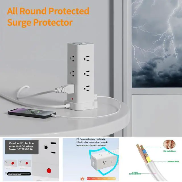 Alt view image 4 of 7 - Flat Plug Tower Power Strip with Surge Protection (12 AC, 4 USB, 10ft) | Fast Charging, 1875W Overload Protection, for Home Office Dorm Room