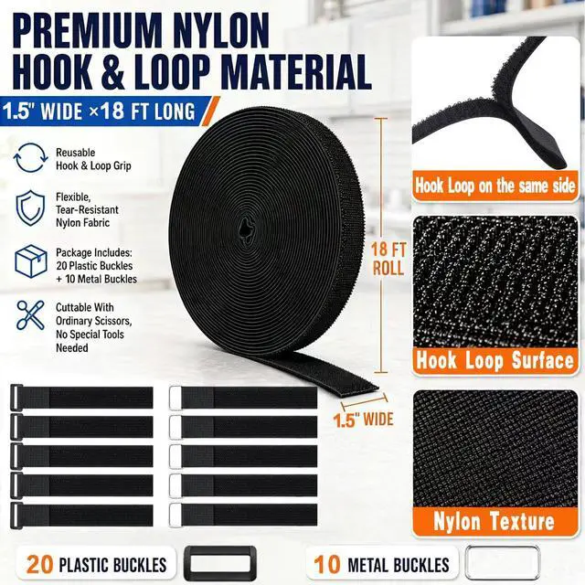 Alt view image 2 of 6 - 1.5"x18Ft Reusable Heavy Duty Hook and Loop Straps With 30 Buckles | Adjustable Fastening Cable Straps,Cut-to-Length Cinch Strap,Black Nylon Cord Ties,Long Cable Ties for Organizer or Storage