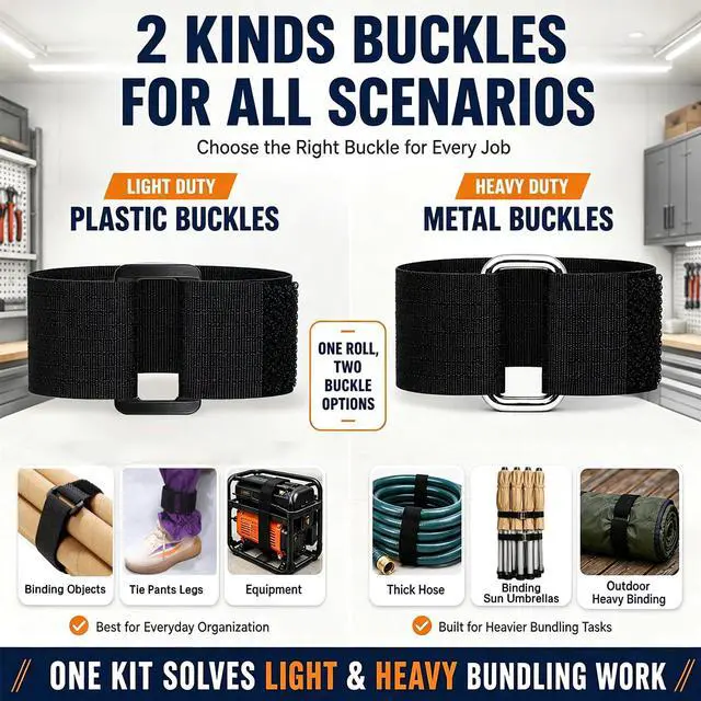 Alt view image 4 of 6 - 1.5"x18Ft Reusable Heavy Duty Hook and Loop Straps With 30 Buckles | Adjustable Fastening Cable Straps,Cut-to-Length Cinch Strap,Black Nylon Cord Ties,Long Cable Ties for Organizer or Storage