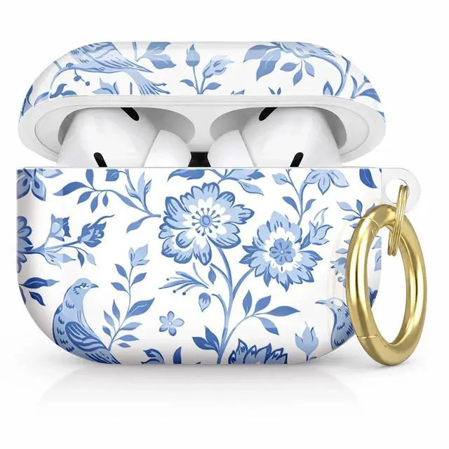 Main image of Compatible with AirPod Pro 2nd/1st Generation Case Cover with Key Chain,Full Protective Shockproof Wireless Headphone Case for Airpod Pro 2023/2022/2019(Blue Floral Birds Leaves)