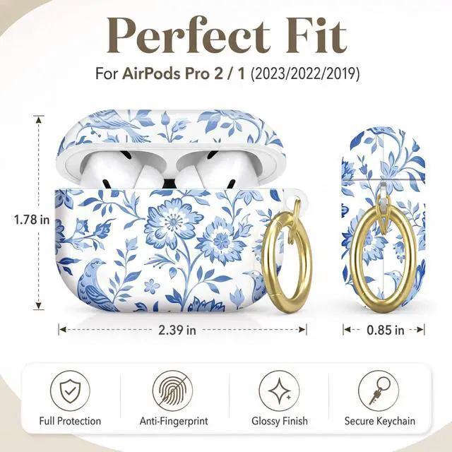 Alt view image 2 of 7 - Compatible with AirPod Pro 2nd/1st Generation Case Cover with Key Chain,Full Protective Shockproof Wireless Headphone Case for Airpod Pro 2023/2022/2019(Blue Floral Birds Leaves)