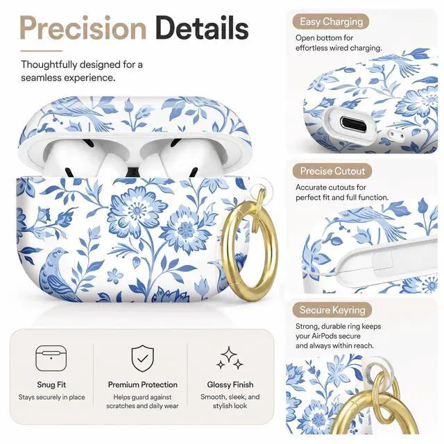 Alt view image 3 of 7 - Compatible with AirPod Pro 2nd/1st Generation Case Cover with Key Chain,Full Protective Shockproof Wireless Headphone Case for Airpod Pro 2023/2022/2019(Blue Floral Birds Leaves)