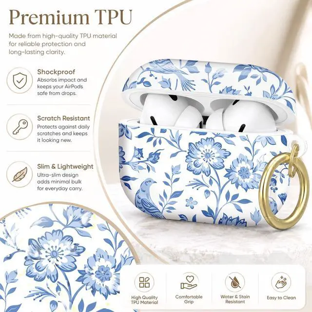 Alt view image 4 of 7 - Compatible with AirPod Pro 2nd/1st Generation Case Cover with Key Chain,Full Protective Shockproof Wireless Headphone Case for Airpod Pro 2023/2022/2019(Blue Floral Birds Leaves)
