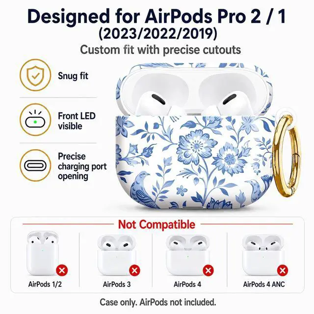 Alt view image 5 of 7 - Compatible with AirPod Pro 2nd/1st Generation Case Cover with Key Chain,Full Protective Shockproof Wireless Headphone Case for Airpod Pro 2023/2022/2019(Blue Floral Birds Leaves)