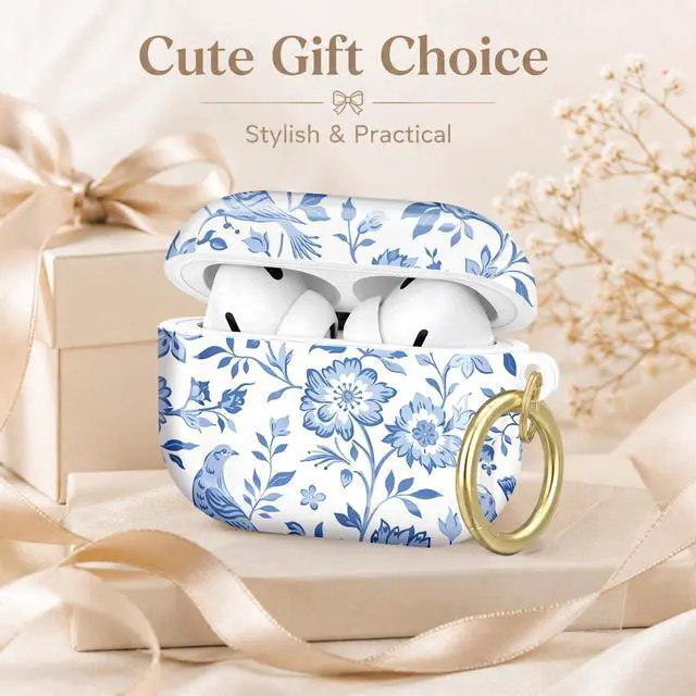 Alt view image 7 of 7 - Compatible with AirPod Pro 2nd/1st Generation Case Cover with Key Chain,Full Protective Shockproof Wireless Headphone Case for Airpod Pro 2023/2022/2019(Blue Floral Birds Leaves)
