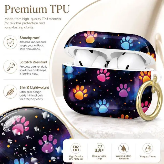 Alt view image 4 of 7 - Compatible with AirPod Pro 2nd/1st Generation Case Cover with Key Chain,Full Protective Shockproof Wireless Headphone Case for Airpod Pro 2023/2022/2019(Colorful Paw On Dark)