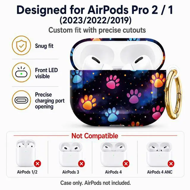 Alt view image 5 of 7 - Compatible with AirPod Pro 2nd/1st Generation Case Cover with Key Chain,Full Protective Shockproof Wireless Headphone Case for Airpod Pro 2023/2022/2019(Colorful Paw On Dark)