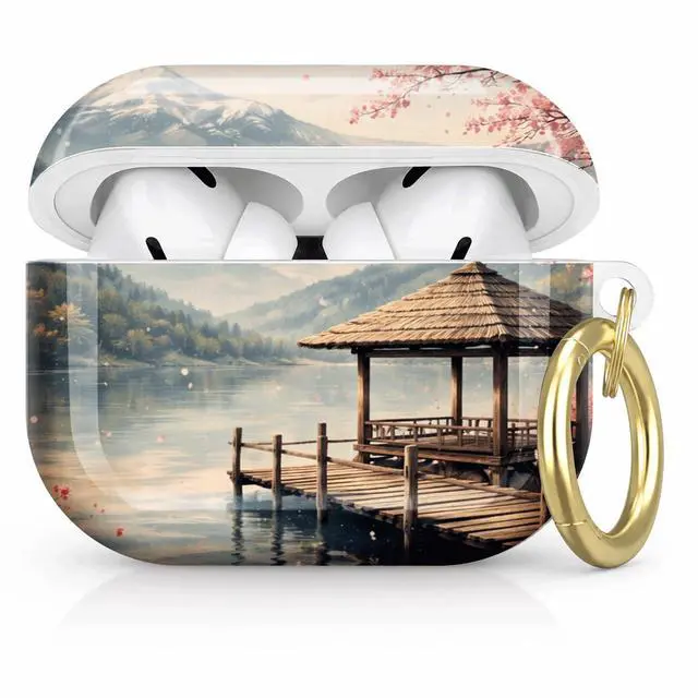 Main image of Compatible with AirPod Pro 2nd/1st Generation Case Cover with Key Chain,Full Protective Shockproof Wireless Headphone Case for Airpod Pro 2023/2022/2019(Cherry Blossom Mountain Lake Bridge)