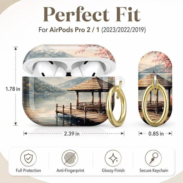 Alt view image 2 of 7 - Compatible with AirPod Pro 2nd/1st Generation Case Cover with Key Chain,Full Protective Shockproof Wireless Headphone Case for Airpod Pro 2023/2022/2019(Cherry Blossom Mountain Lake Bridge)