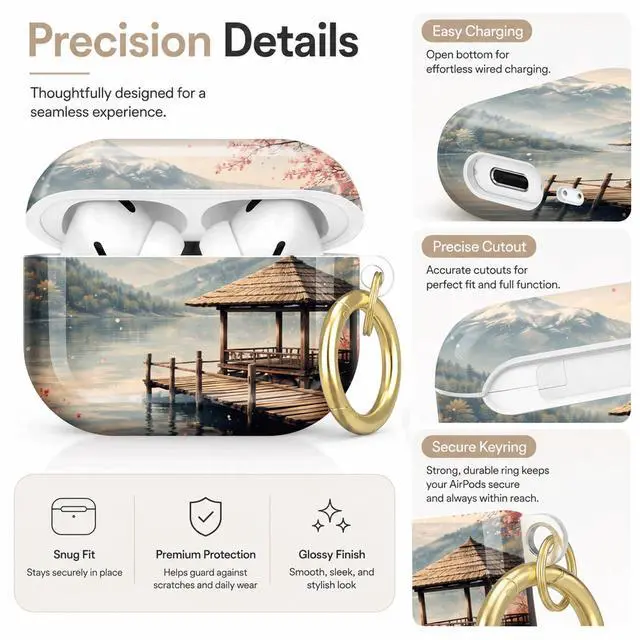 Alt view image 3 of 7 - Compatible with AirPod Pro 2nd/1st Generation Case Cover with Key Chain,Full Protective Shockproof Wireless Headphone Case for Airpod Pro 2023/2022/2019(Cherry Blossom Mountain Lake Bridge)