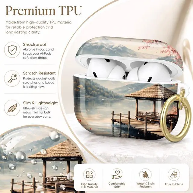 Alt view image 4 of 7 - Compatible with AirPod Pro 2nd/1st Generation Case Cover with Key Chain,Full Protective Shockproof Wireless Headphone Case for Airpod Pro 2023/2022/2019(Cherry Blossom Mountain Lake Bridge)