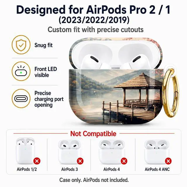 Alt view image 5 of 7 - Compatible with AirPod Pro 2nd/1st Generation Case Cover with Key Chain,Full Protective Shockproof Wireless Headphone Case for Airpod Pro 2023/2022/2019(Cherry Blossom Mountain Lake Bridge)