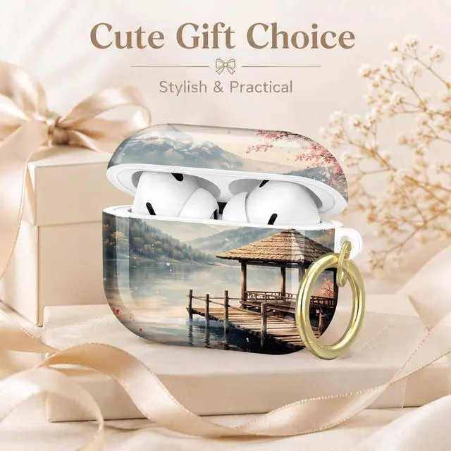 Alt view image 7 of 7 - Compatible with AirPod Pro 2nd/1st Generation Case Cover with Key Chain,Full Protective Shockproof Wireless Headphone Case for Airpod Pro 2023/2022/2019(Cherry Blossom Mountain Lake Bridge)