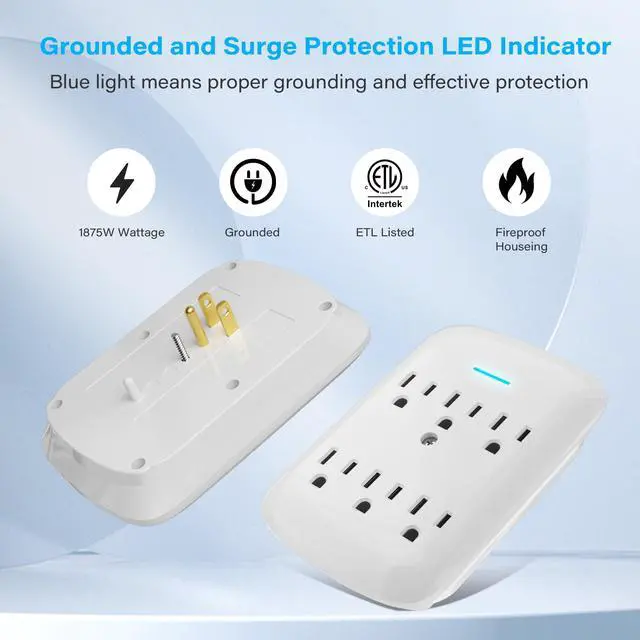 Alt view image 3 of 7 - 6 Outlet Extender Surge Protector 4 Pack, 980 Joules 3-Prong Grounded Electrical Plug Outlets, Wall-Mountable Power Adapter Wall Tap with Indicator LED Light for Home,Office, Travel, White, ETL Listed