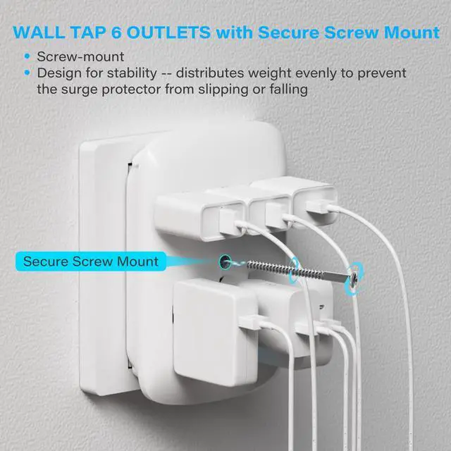 Alt view image 4 of 7 - 6 Outlet Extender Surge Protector 4 Pack, 980 Joules 3-Prong Grounded Electrical Plug Outlets, Wall-Mountable Power Adapter Wall Tap with Indicator LED Light for Home,Office, Travel, White, ETL Listed