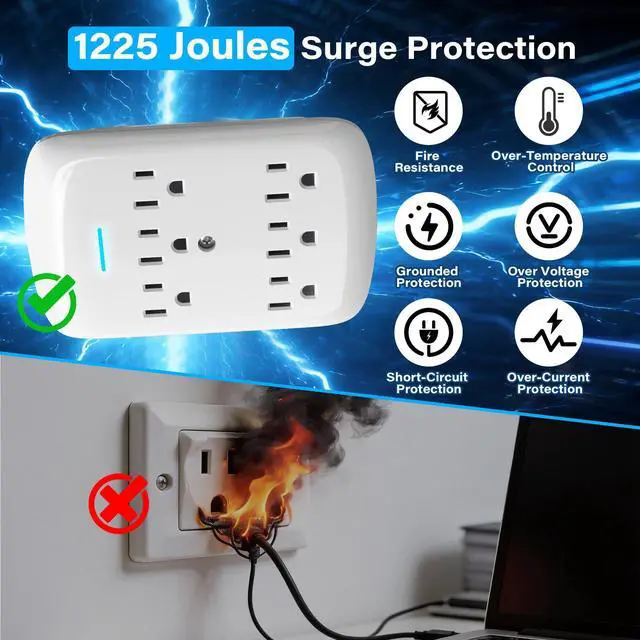 Alt view image 2 of 7 - 6 Outlet Extender Surge Protector 4 Pack, 980 Joules 3-Prong Grounded Electrical Plug Outlets, Wall-Mountable Power Adapter Wall Tap with Indicator LED Light for Home,Office, Travel, White, ETL Listed