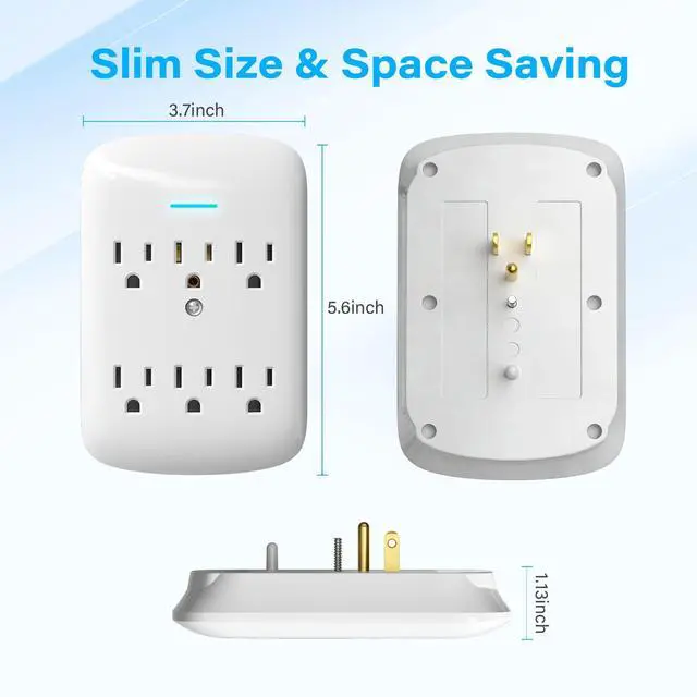 Alt view image 5 of 7 - 6 Outlet Extender Surge Protector 4 Pack, 980 Joules 3-Prong Grounded Electrical Plug Outlets, Wall-Mountable Power Adapter Wall Tap with Indicator LED Light for Home,Office, Travel, White, ETL Listed