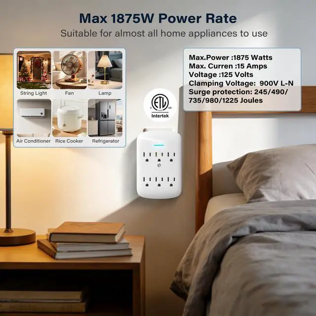 Alt view image 6 of 7 - 6 Outlet Extender Surge Protector 4 Pack, 980 Joules 3-Prong Grounded Electrical Plug Outlets, Wall-Mountable Power Adapter Wall Tap with Indicator LED Light for Home,Office, Travel, White, ETL Listed