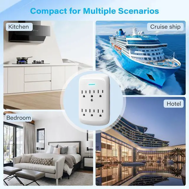 Alt view image 7 of 7 - 6 Outlet Extender Surge Protector 4 Pack, 980 Joules 3-Prong Grounded Electrical Plug Outlets, Wall-Mountable Power Adapter Wall Tap with Indicator LED Light for Home,Office, Travel, White, ETL Listed