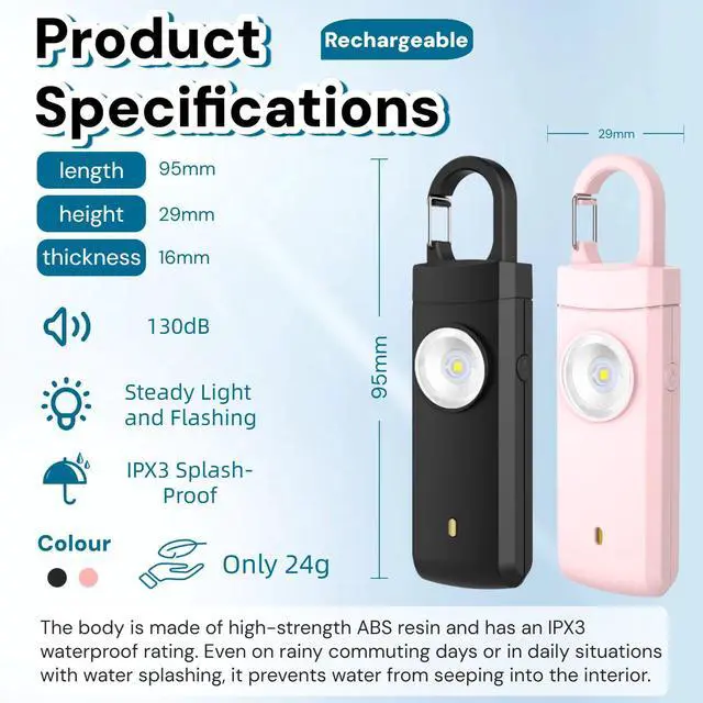 Alt view image 2 of 6 - 130dB Rechargeable Personal Alarm with Strobe Light & Low Battery Indicator | Portable Self Defense Security Siren for Women, Kids, Elderly, College Students, Emergency Protection Gift
