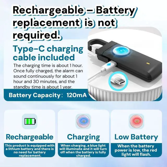 Alt view image 3 of 6 - 130dB Rechargeable Personal Alarm with Strobe Light & Low Battery Indicator | Portable Self Defense Security Siren for Women, Kids, Elderly, College Students, Emergency Protection Gift