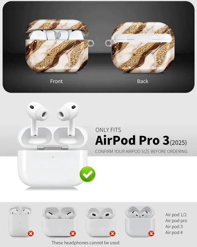 Alt view image 3 of 6 - Compatible with AirPod Pro 3 Case 2025,Shockproof Hard Protective Case,Wireless Charging Compatible, Trendy Elegant Design Cover for Women Men(Gold Marble with Colorful Glitter Accents)