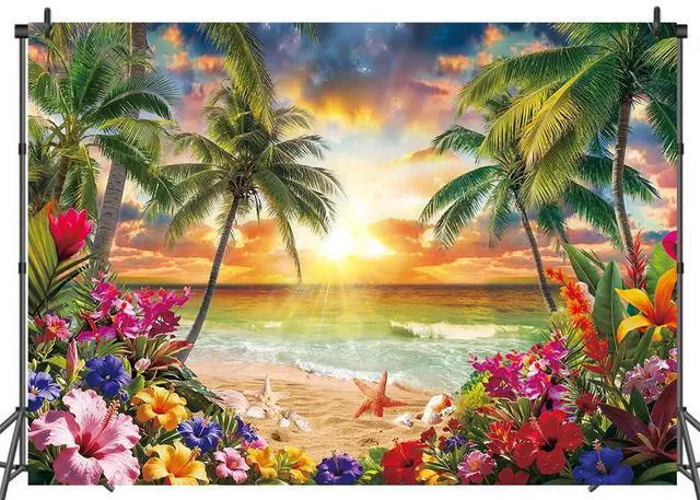Main image of Summer Tropical Hawaiian Beach Sunset Backdrop 8x6ft | Summer Sunset Hawaiian Luau Aloha Photography Background,Beach Palm Leaves Party Decoration,Vinyl
