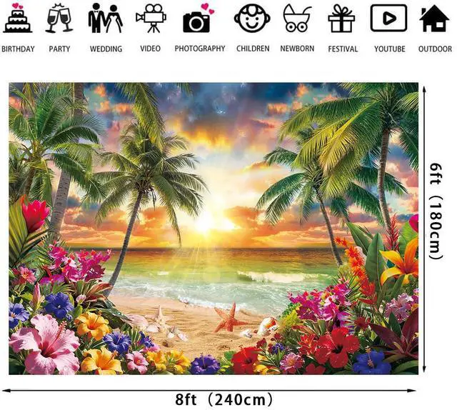 Alt view image 2 of 5 - Summer Tropical Hawaiian Beach Sunset Backdrop 8x6ft | Summer Sunset Hawaiian Luau Aloha Photography Background,Beach Palm Leaves Party Decoration,Vinyl