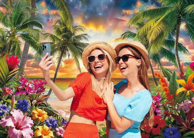 Alt view image 3 of 5 - Summer Tropical Hawaiian Beach Sunset Backdrop 8x6ft | Summer Sunset Hawaiian Luau Aloha Photography Background,Beach Palm Leaves Party Decoration,Vinyl
