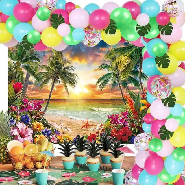 Alt view image 4 of 5 - Summer Tropical Hawaiian Beach Sunset Backdrop 8x6ft | Summer Sunset Hawaiian Luau Aloha Photography Background,Beach Palm Leaves Party Decoration,Vinyl