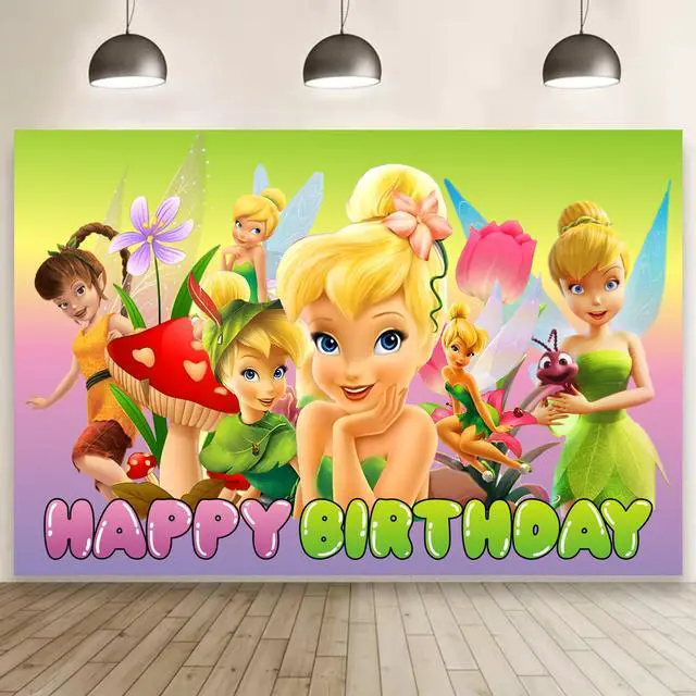 Main image of Fairy for Tinkerbell Happy Birthday Backdrop Cartoon Birthday Party Supplies Kawaii Background for Boys Girls,Happy Birthday Banner Backdrop for Kids Party Decorations(5x3ft)