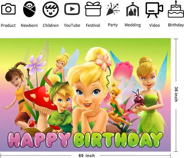 Alt view image 2 of 4 - Fairy for Tinkerbell Happy Birthday Backdrop Cartoon Birthday Party Supplies Kawaii Background for Boys Girls,Happy Birthday Banner Backdrop for Kids Party Decorations(5x3ft)